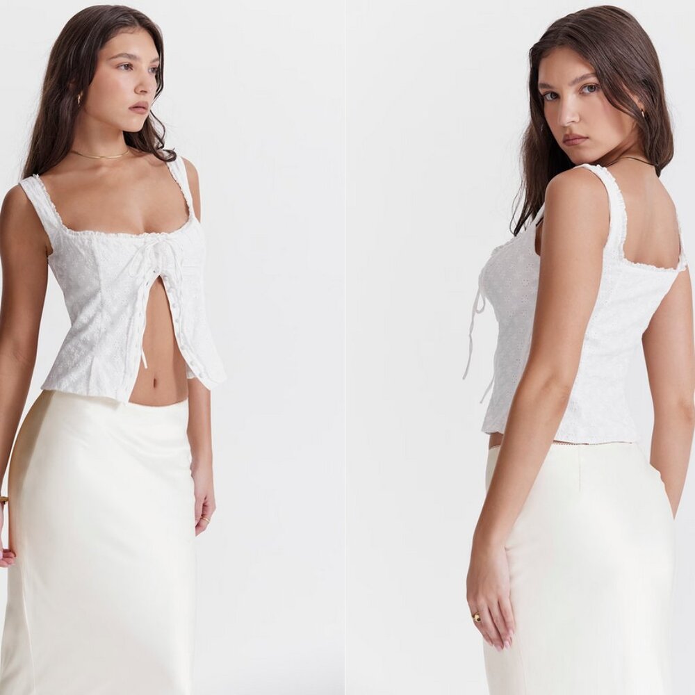 HOUSE OF CB Juana Broderie Anglaise Corset Top White Medium Button Front NWT - Picture 17 of 17